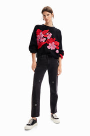 Desigual floral embroidery sweater with puff sleeves
