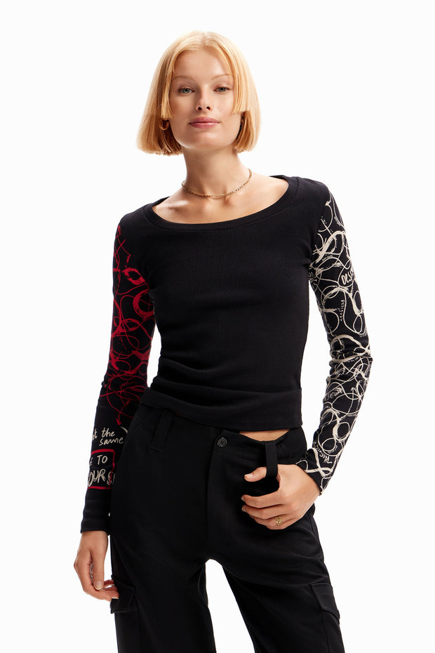 Desigual long sleeve round neck black with print top