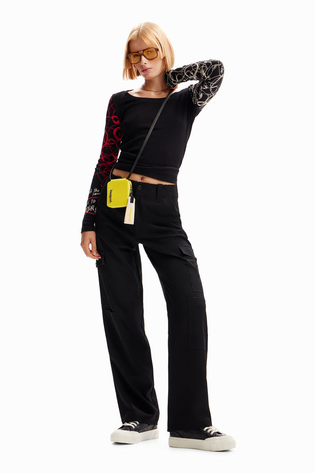 Desigual long sleeve round neck black with print top