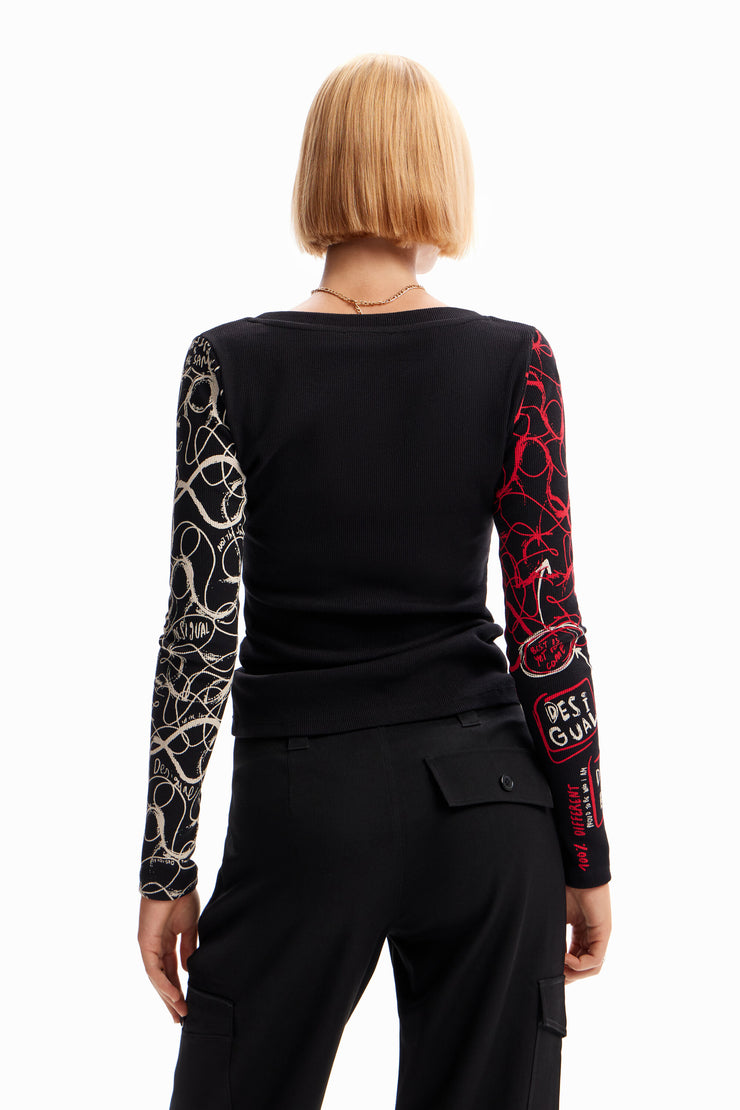 Desigual long sleeve round neck black with print top