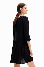 Desigual short black dress with emroidered v neck