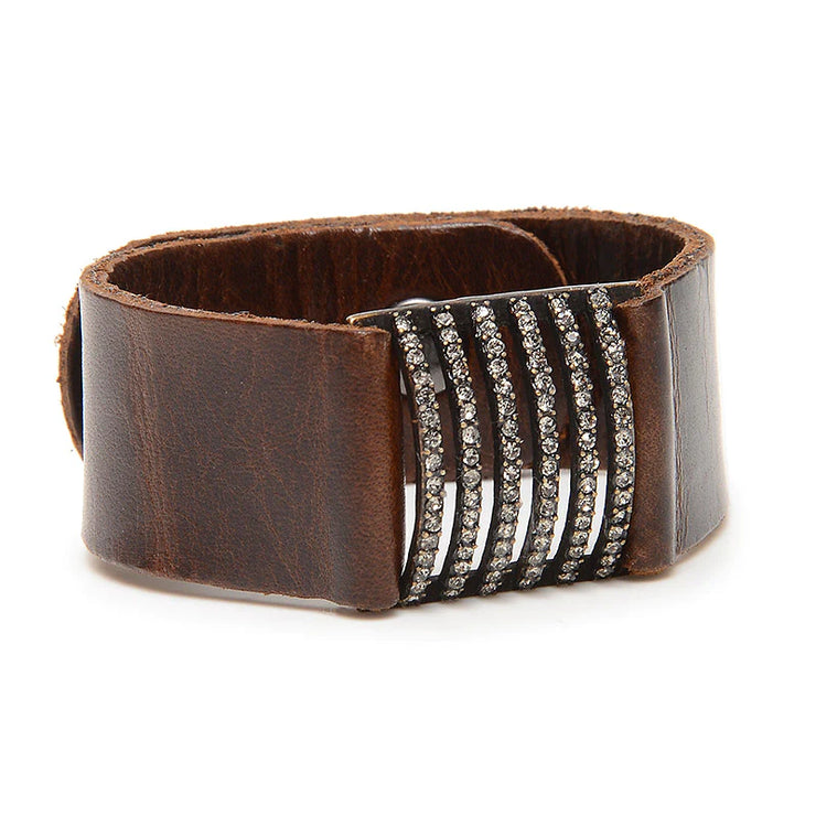 Rebel vintage brown leather bracelet with curved bands of black diamond crystals