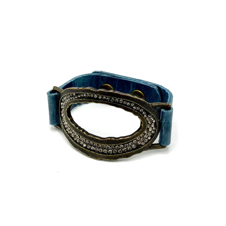Rebel vintage Italian leather bracelet with open oval surrounded by Swarovski crystals
