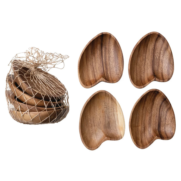 Set of 4 Acacia wood heart bowls
