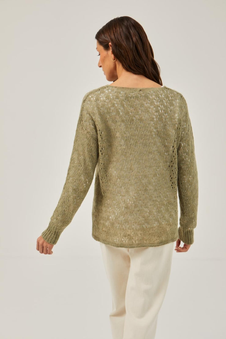 Mus & Bombon 'Saldias' v neck, openwork knit sweater in green, beige or off-white
