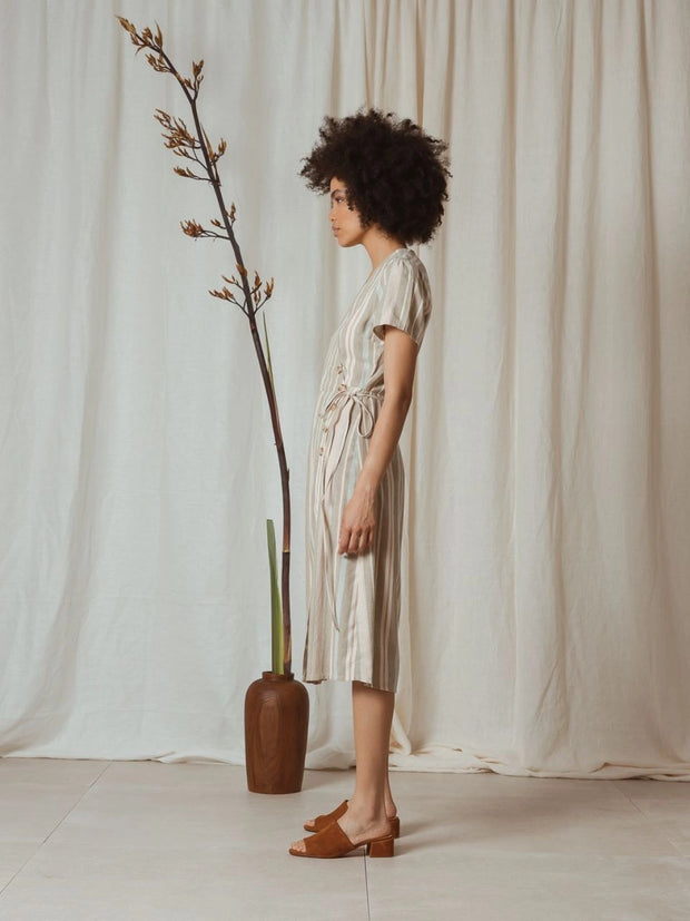 short sleeve striped long wrap style dress indi & cold