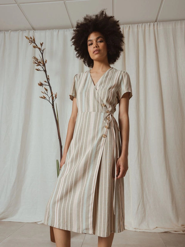 short sleeve striped long wrap style dress indi & cold