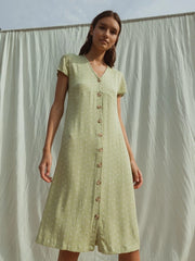 retro short sleeve v-neck button front dress indi & cold