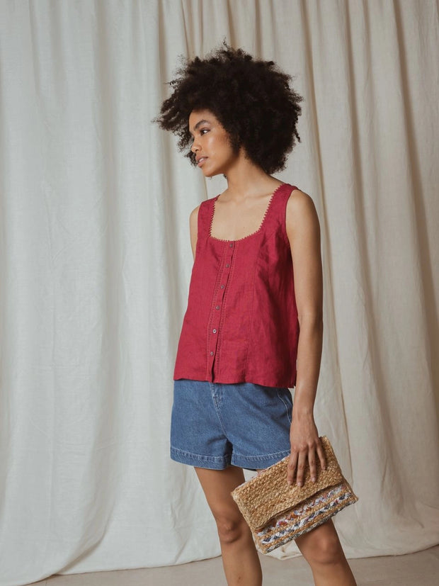 sleeveless 100% hemp button front top indi & cold